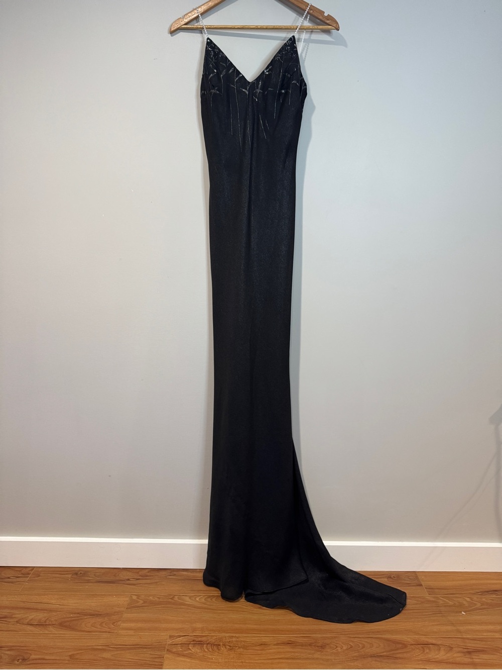 Vintage 1001 Nights Black Formal Gown Rhinestone Strap Train USA Y2K Prom Glam S